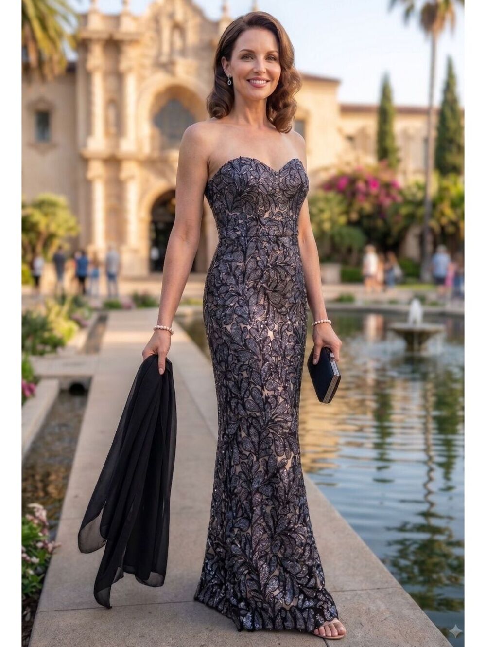 Galina Signature Womens 12 Black Sequin Strapless Column Gown Dress Black Shawl